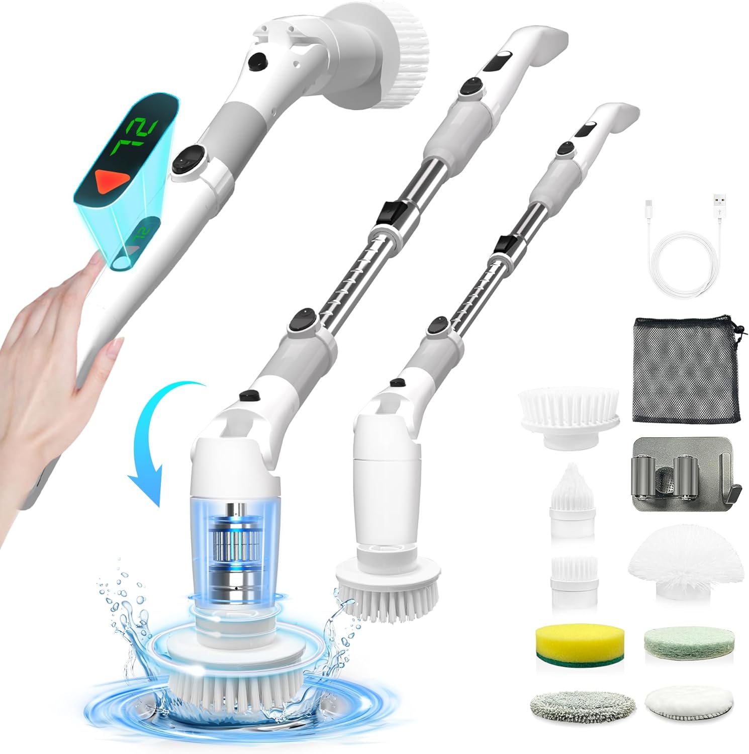 Capon Electric Spin Scrubber, 2023 Newly Upgrade Rechargeable Cordless Cleaning Brush with 8 Replaceable Brush Heads, LED Display, Power 2 Speeds, Adjustable Long Handle, for Bathroom Floor Tile Car Capon Electric Spin Scrubber, 2023 Newly Upgrade Rechargeable Cordless Cleaning Brush with 8 Replaceable Brush Heads, LED Display, Power 2 Speeds, Adjustable Long Handle, for Bathroom Floor Tile Car